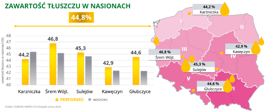 rzepak ozimy performo zawartość tłuszczu w nasionach 44,8% coboru cca 2024