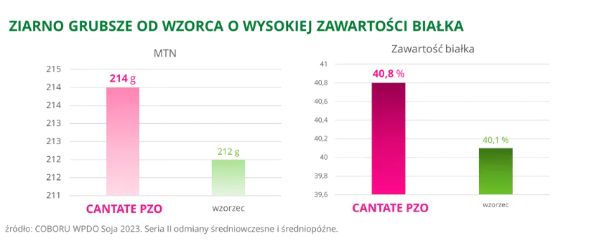 Soja CANTATE PZO Ziarno grubsze od wzorca o wysokiej zawartosci bialka COBORU WPDO 2023