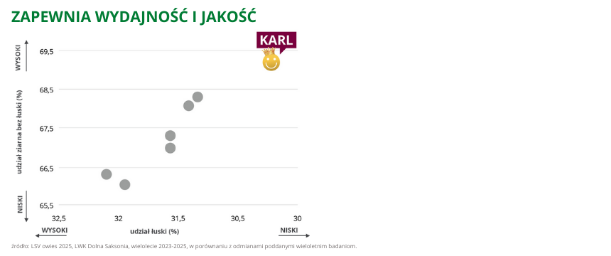 Owies jary KARL IGP Polska udział ziarna bez łuski i udział łuski